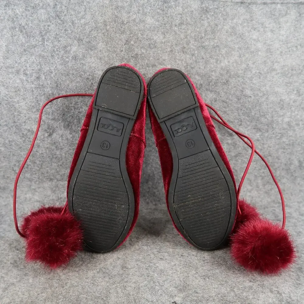 Sugar Shoes Kids 13 Ballet Flats Pom Pom Tie Red Round Toe Faux Fur Lollipop